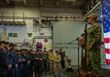 Commander, Expeditionary Strike Group Seven holds All Hands Call aboard USS America (LHA 6)
