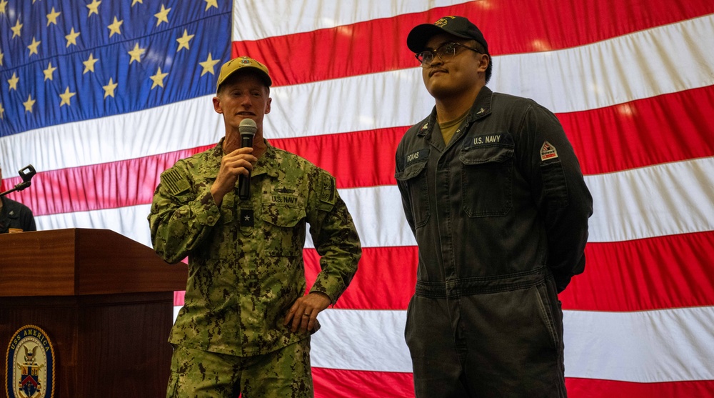Commander, Expeditionary Strike Group Seven holds All Hands Call aboard USS America (LHA 6)