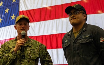 Commander, Expeditionary Strike Group Seven holds All Hands Call aboard USS America (LHA 6)