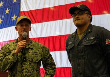 Commander, Expeditionary Strike Group Seven holds All Hands Call aboard USS America (LHA 6)