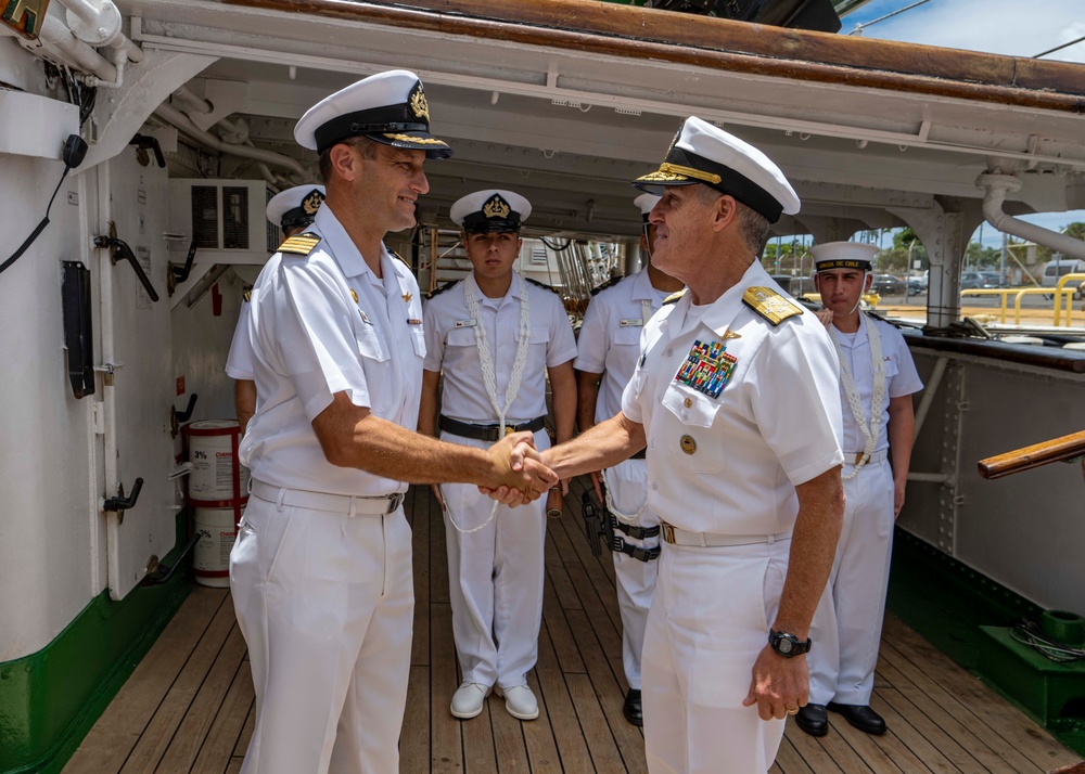 Adm. Steve Koehler, commander, U.S. Pacific Fleet, tours the Chilean Navy barquentine tall ship Esmeralda (BE-43)