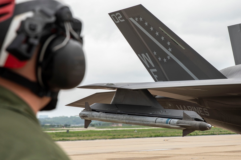 U.S. Marines fly F-35B with ordnance