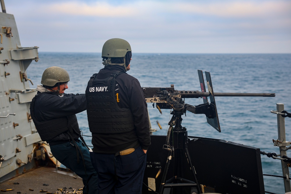Gunner’s Mate 2nd Class Joshua Cvitic fires an M2A1 50-caliber gun
