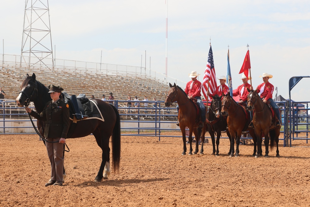 Artillery Half Section presents color guard and riderless horse