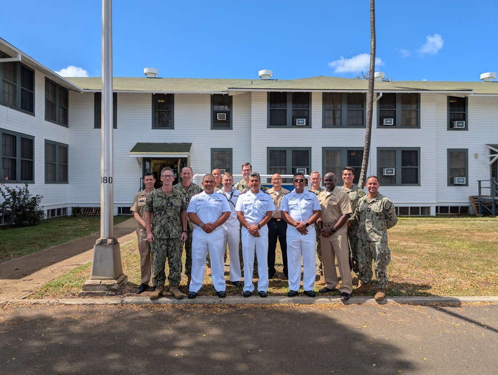 US Navy and Chilean Navy Musicians Pose in Front of Pacific Fleet Band Hall