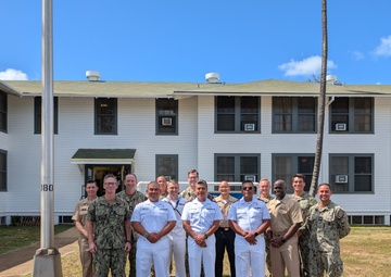 US Navy and Chilean Navy Musicians Pose in Front of Pacific Fleet Band Hall