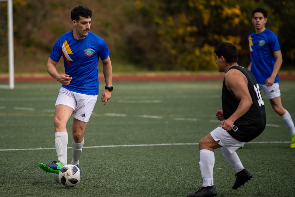 USS Ronald Reagan (CVN 76) Sailors play in an intramural soccer game