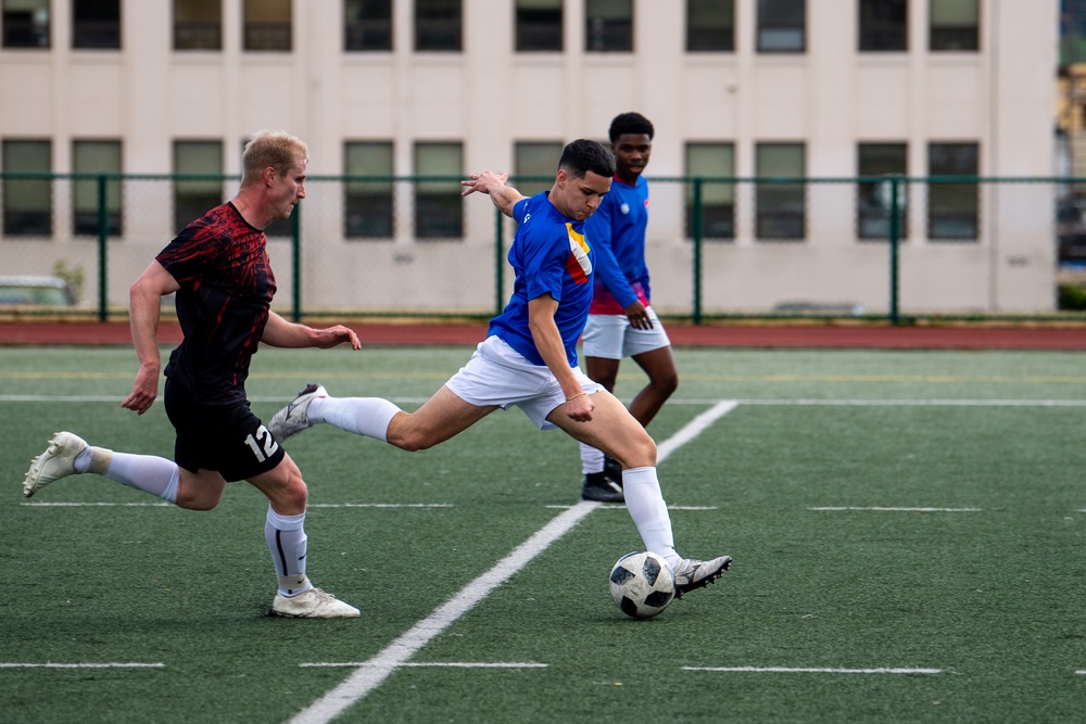 USS Ronald Reagan (CVN 76) Sailors play in an intramural soccer game