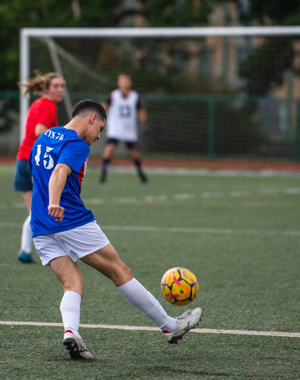 USS Ronald Reagan (CVN 76) Sailors play in an intramural soccer game