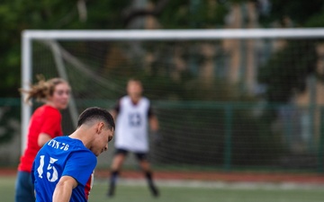 USS Ronald Reagan (CVN 76) Sailors play in an intramural soccer game