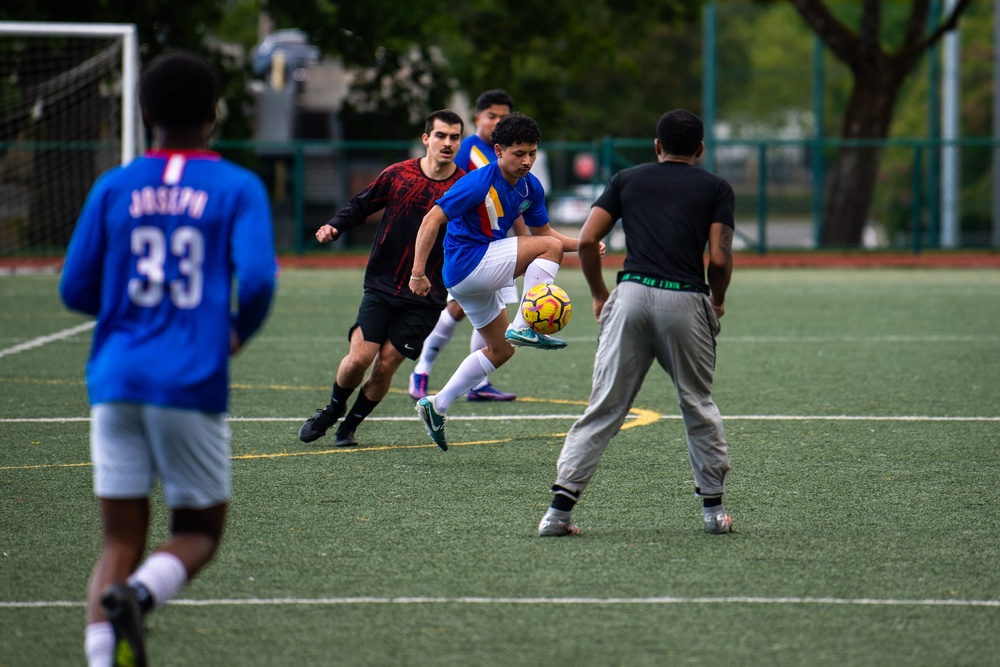 USS Ronald Reagan (CVN 76) Sailors play in an intramural soccer game