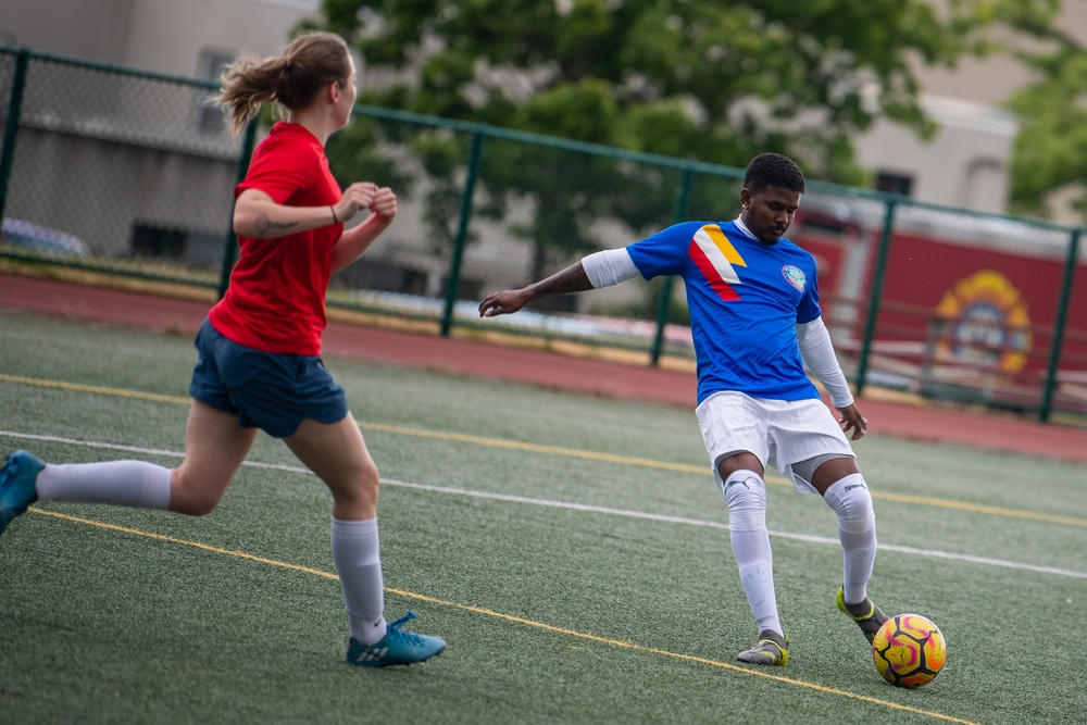 USS Ronald Reagan (CVN 76) Sailors play in an intramural soccer game