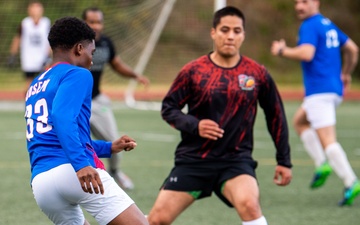 USS Ronald Reagan (CVN 76) Sailors play in an intramural soccer game
