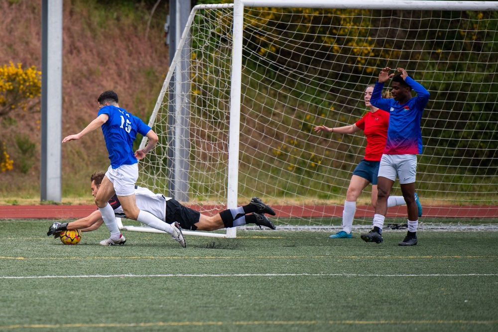 USS Ronald Reagan (CVN 76) Sailors play in an intramural soccer game