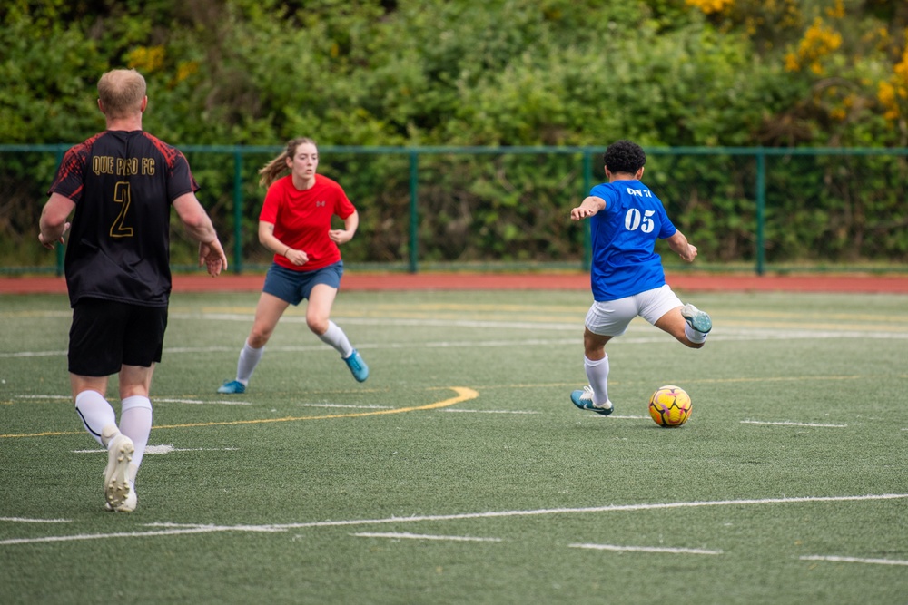 USS Ronald Reagan (CVN 76) Sailors play in an intramural soccer game