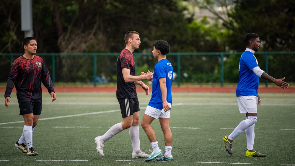 USS Ronald Reagan (CVN 76) Sailors play in an intramural soccer game