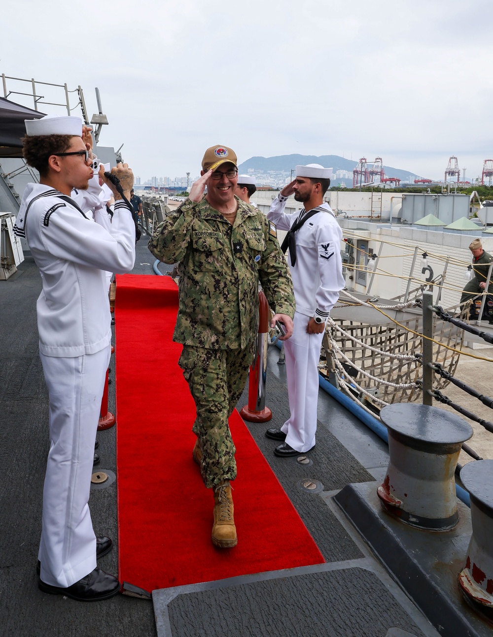 Commander U.S. Naval Forces Korea (CNFK) Rear Adm. Neil Koprowski visits the Arleigh Burke-class guided-missile destroyer USS William P. Lawrence (DDG 110)