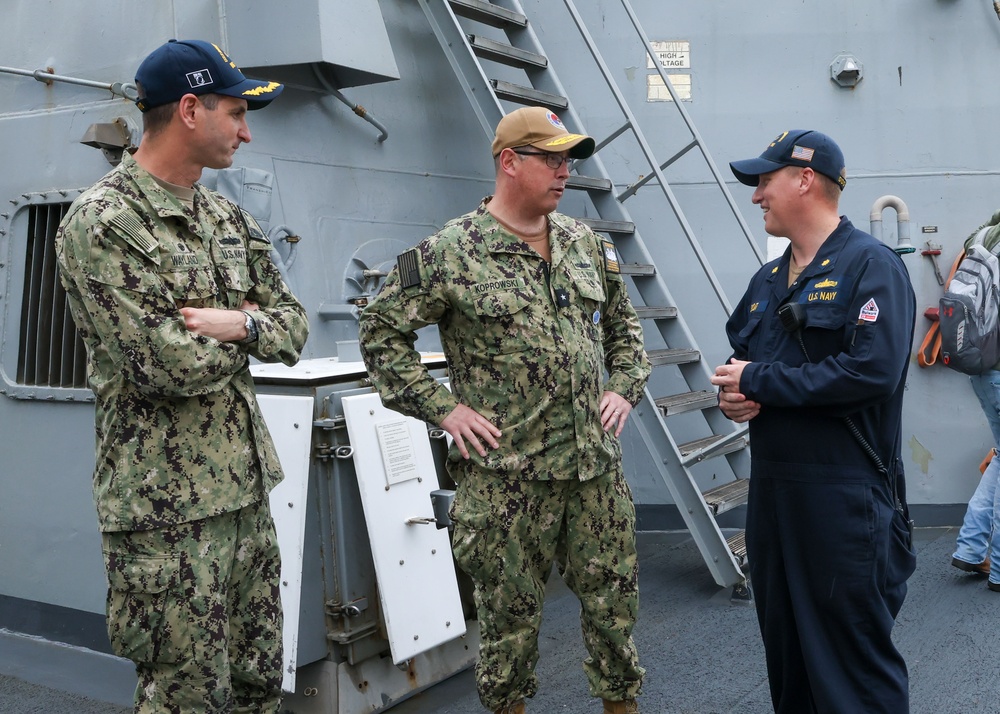 Commander U.S. Naval Forces Korea (CNFK) Rear Adm. Neil Koprowski visits the Arleigh Burke-class guided-missile destroyer USS William P. Lawrence (DDG 110)