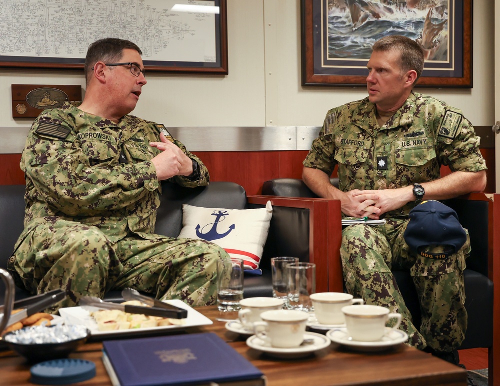 Commander U.S. Naval Forces Korea (CNFK) Rear Adm. Neil Koprowski visits the Arleigh Burke-class guided-missile destroyer USS William P. Lawrence (DDG 110)