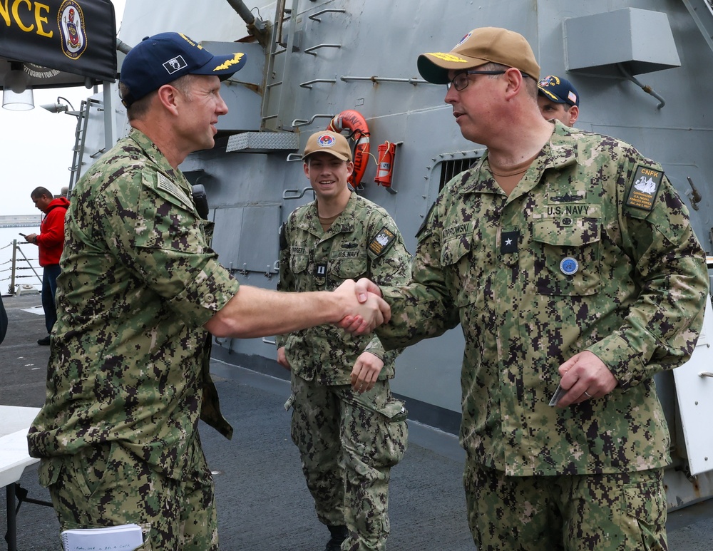 Commander U.S. Naval Forces Korea (CNFK) Rear Adm. Neil Koprowski visits the Arleigh Burke-class guided-missile destroyer USS William P. Lawrence (DDG 110)