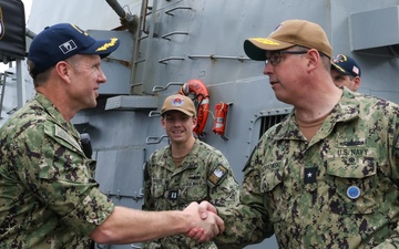 Commander U.S. Naval Forces Korea (CNFK) Rear Adm. Neil Koprowski visits the Arleigh Burke-class guided-missile destroyer USS William P. Lawrence (DDG 110)