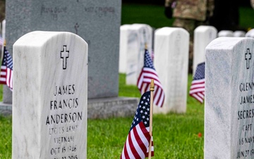 U.S. Army Soldiers assigned to the 3d U.S. Infantry Regiment (The Old Guard), participate in Flags In at Arlington National Cemetery.