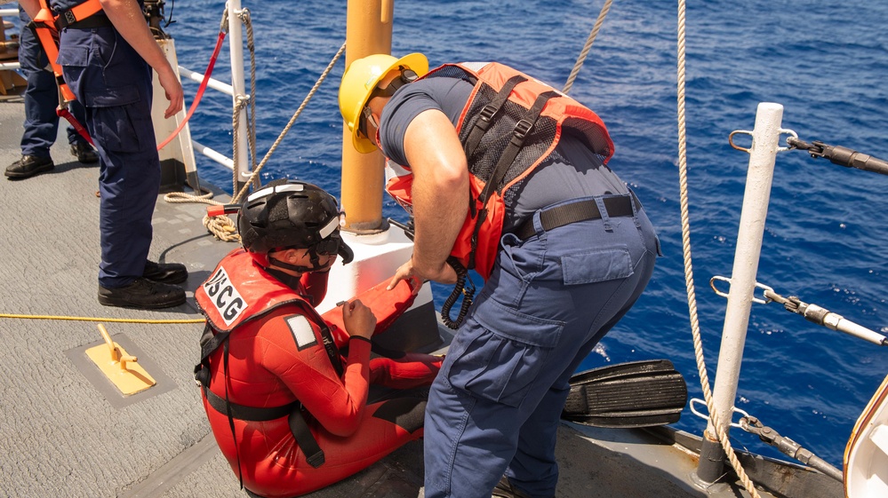 U.S. Coast Guard Cutter Stratton crew participate in a man overboard drill while patrolling the Pacific Ocean