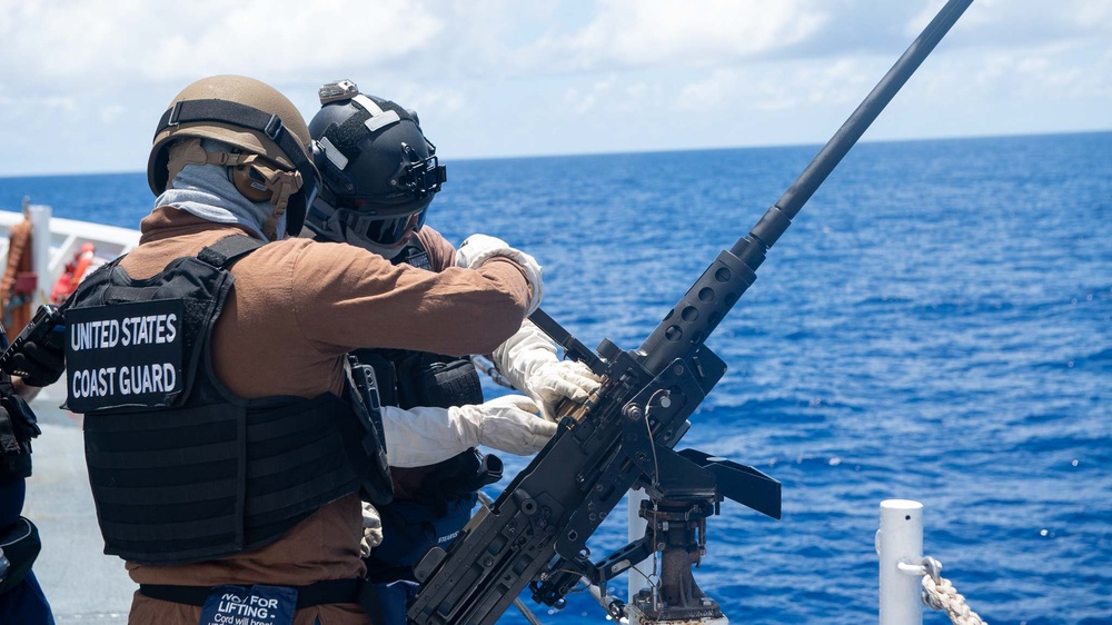 U.S. Coast Guard Cutter Stratton crew train with the M2A1 .50 caliber machine gun while patrolling the Pacific Ocean