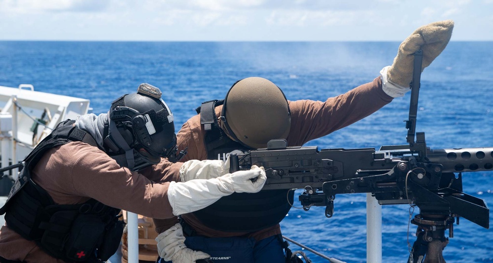 U.S. Coast Guard Cutter Stratton crew train with the M2A1 .50 caliber machine gun while patrolling the Pacific Ocean