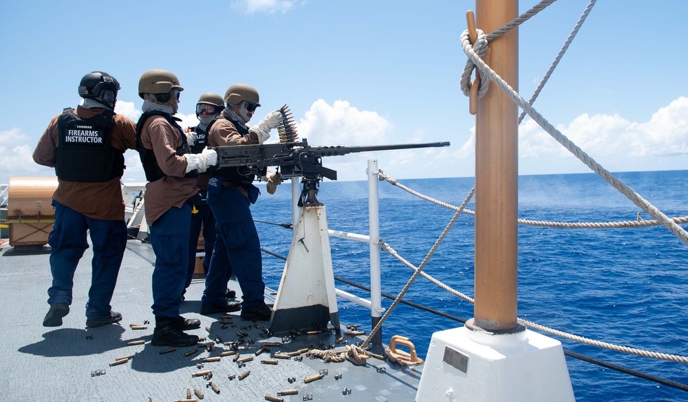 U.S. Coast Guard Cutter Stratton crew train with the M2A1 .50 caliber machine gun while patrolling the Pacific Ocean