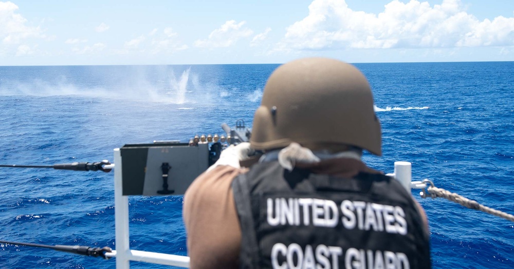 U.S. Coast Guard Cutter Stratton crew train with the M2A1 .50 caliber machine gun while patrolling the Pacific Ocean