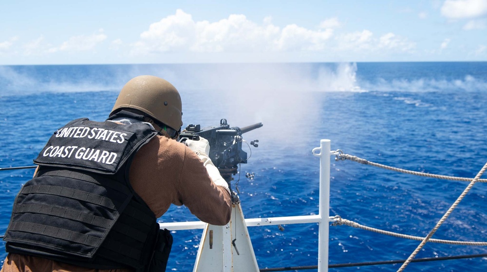 U.S. Coast Guard Cutter Stratton crew train with the M2A1 .50 caliber machine gun while patrolling the Pacific Ocean