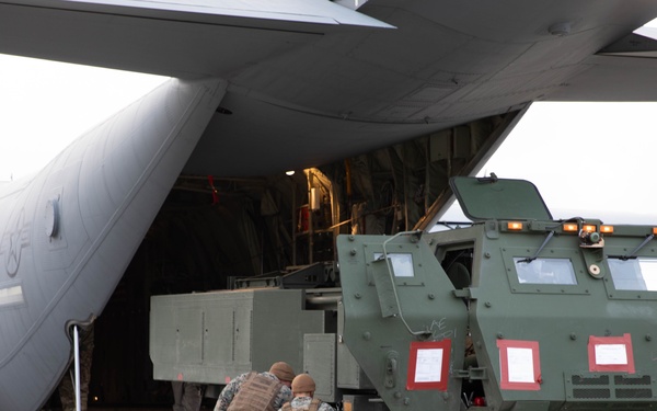 Marines Load High Mobility Artillery Rocket System (HIMARS) onto an Airforce C-130 Hercules during Swift Response