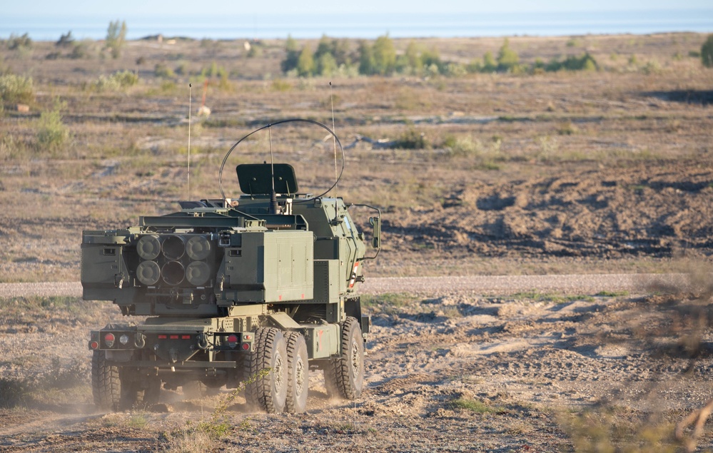 Marine Corps High Mobility Artillery Rocket System (HIMARS) in Visby, Sweden conducting joint training.