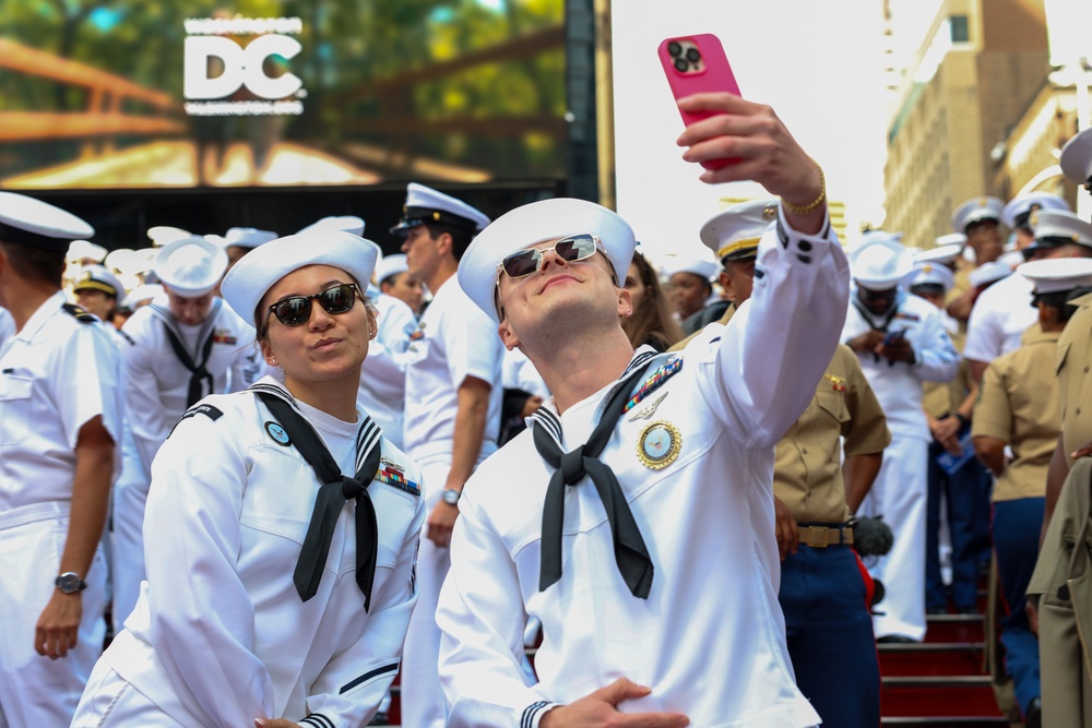 Fleet Week New York 2025 Times Square red steps group photo