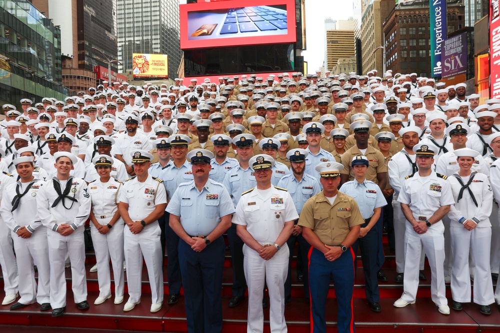 Fleet Week New York 2025 Times Square red steps group photo