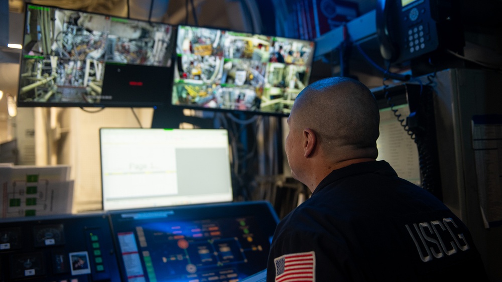U.S. Coast Guard Cutter Stratton crewmembers conduct engineering work in machinery spaces during Indo-Pacific patrol