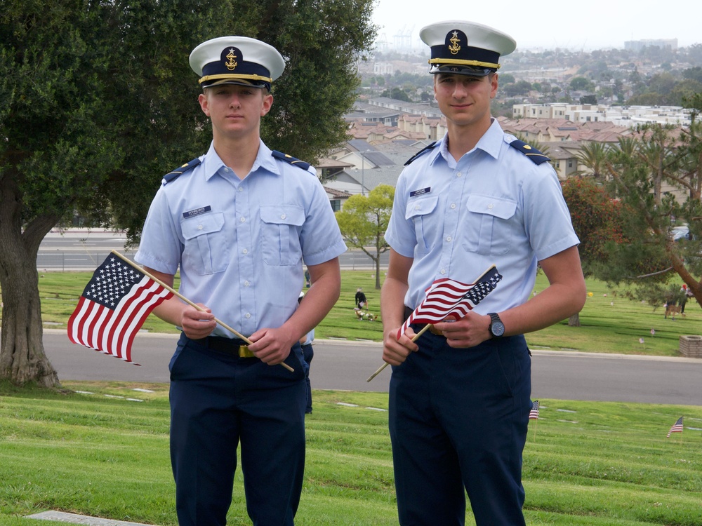 U.S. Coast Guard Academy cadets from New London, Connecticut, gather prior to placing American flags at the graves of veterans at Green Hills Memorial Park in Rancho Palos Verdes, California, May 24, 2025.
