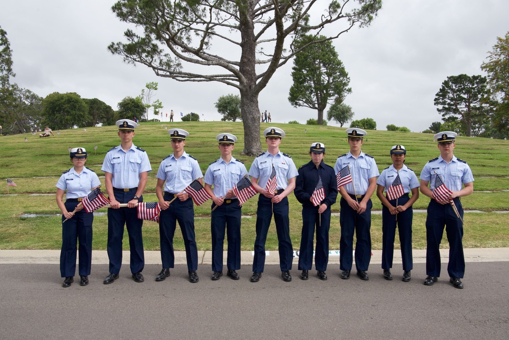 U.S. Coast Guard Academy cadets from New London, Connecticut, gather prior to placing American flags at the graves of veterans at Green Hills Memorial Park in Rancho Palos Verdes, California, May 24, 2025.