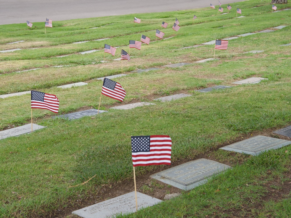 American flags are placed in honor of Memorial Day weekend at Green Hills Cemetery in Rancho Palos Verdes, California, May 24, 2025.