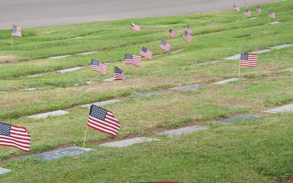American flags are placed in honor of Memorial Day weekend at Green Hills Cemetery in Rancho Palos Verdes, California, May 24, 2025.