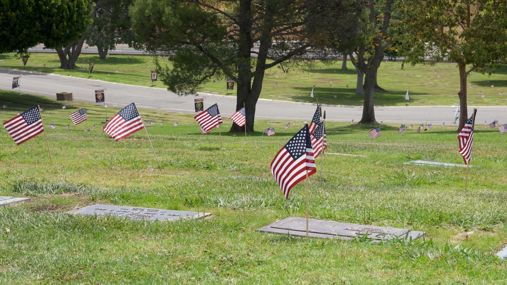 American flags are placed in honor of Memorial Day weekend at Green Hills Cemetery in Rancho Palos Verdes, California, May 24, 2025.