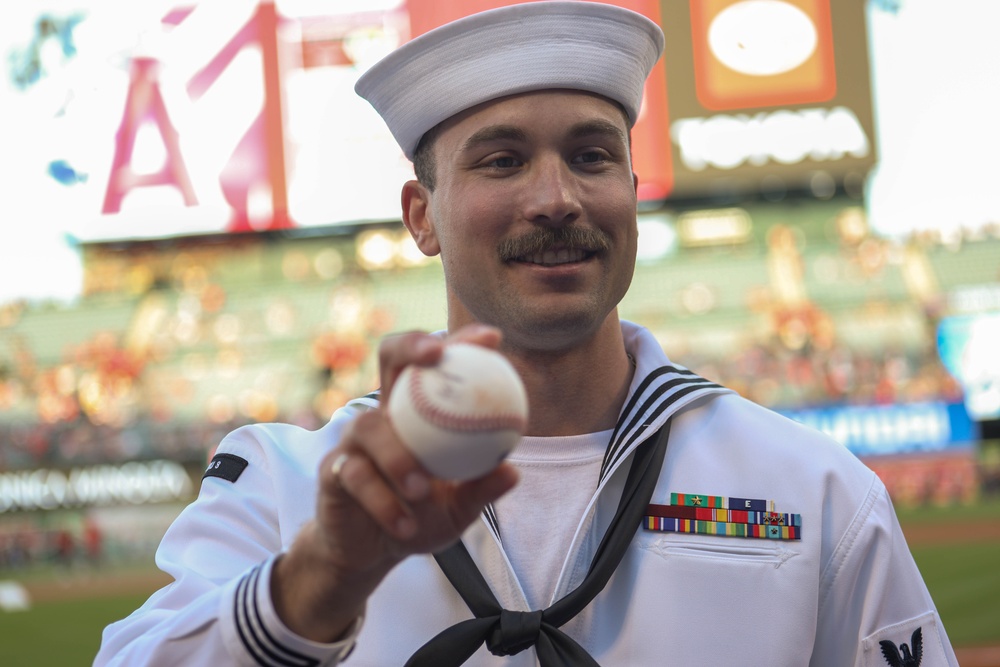 U.S. service members attend Los Angeles Angels baseball game during LA Fleet Week