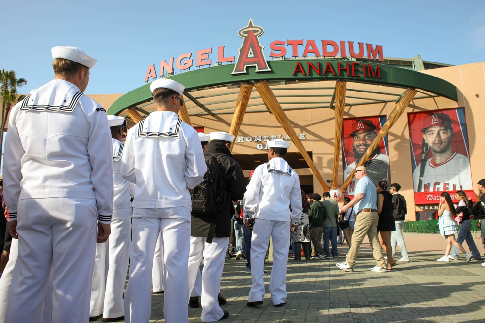 U.S. service members attend Los Angeles Angels baseball game during LA Fleet Week