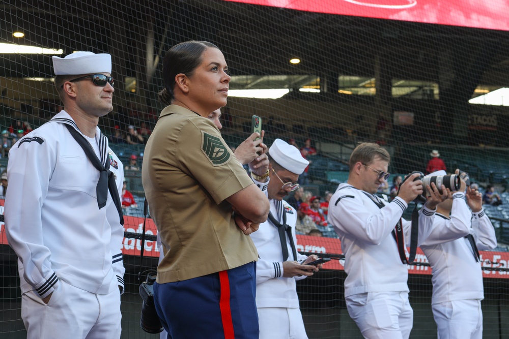 U.S. service members attend Los Angeles Angels baseball game during LA Fleet Week