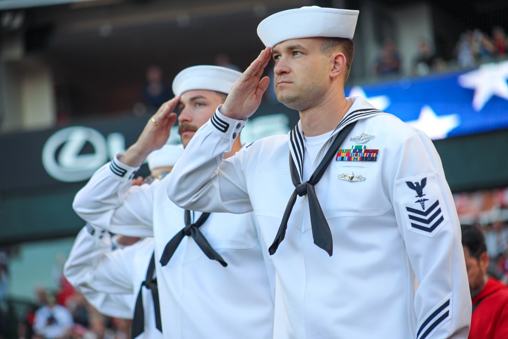 U.S. service members attend Los Angeles Angels baseball game during LA Fleet Week