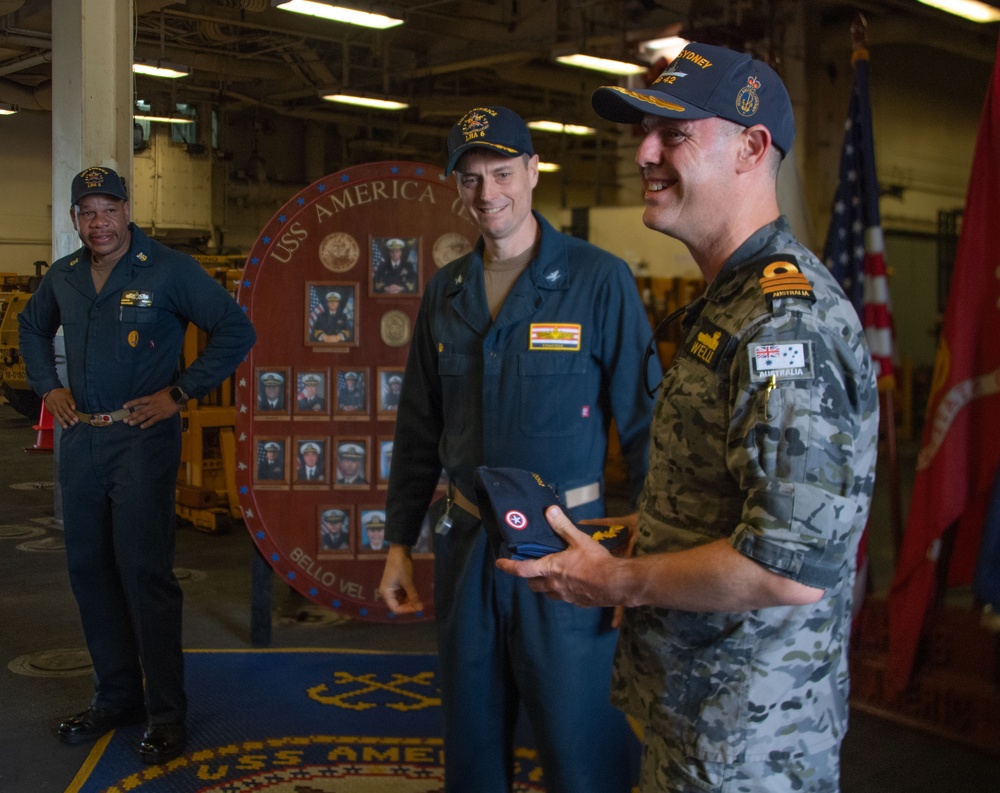 USS AMERICA (LHA 6) hosts Royal Australian Navy's HMAS Sydney (DDG 42) for Ship Tour
