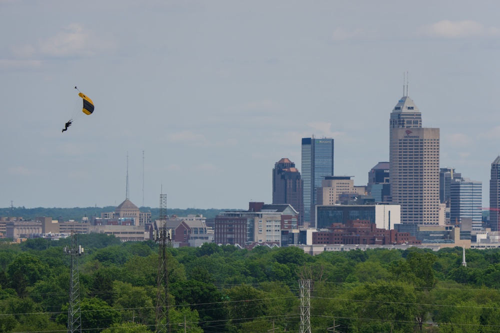 U.S. Army Parachute Team Soldier, an Indianapolis native, jumps ahead of Indy500