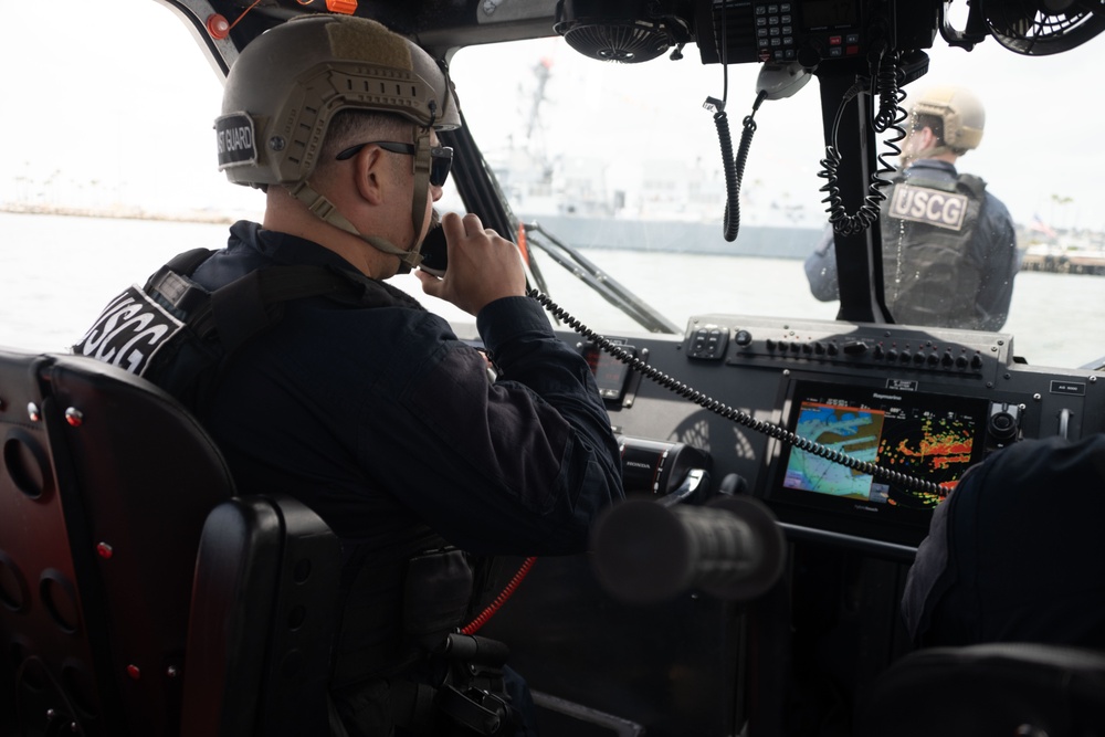 Members of U.S. Coast Guard Maritime Safety and Security Team (MSST) Los Angeles-Long Beach patrol the waters of Long Beach, California, during Los Angeles Fleet Week 2005, May 25, 2025.