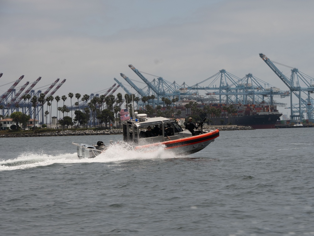 Members of U.S. Coast Guard Maritime Safety and Security Team (MSST) Los Angeles-Long Beach patrol the waters of Long Beach, California, during Los Angeles Fleet Week 2005, May 25, 2025.